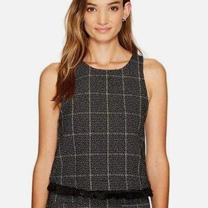 Bishop + Young Tweed Windowpane Plaid Fringe Hem Tank Top Womens Sz M Preppy